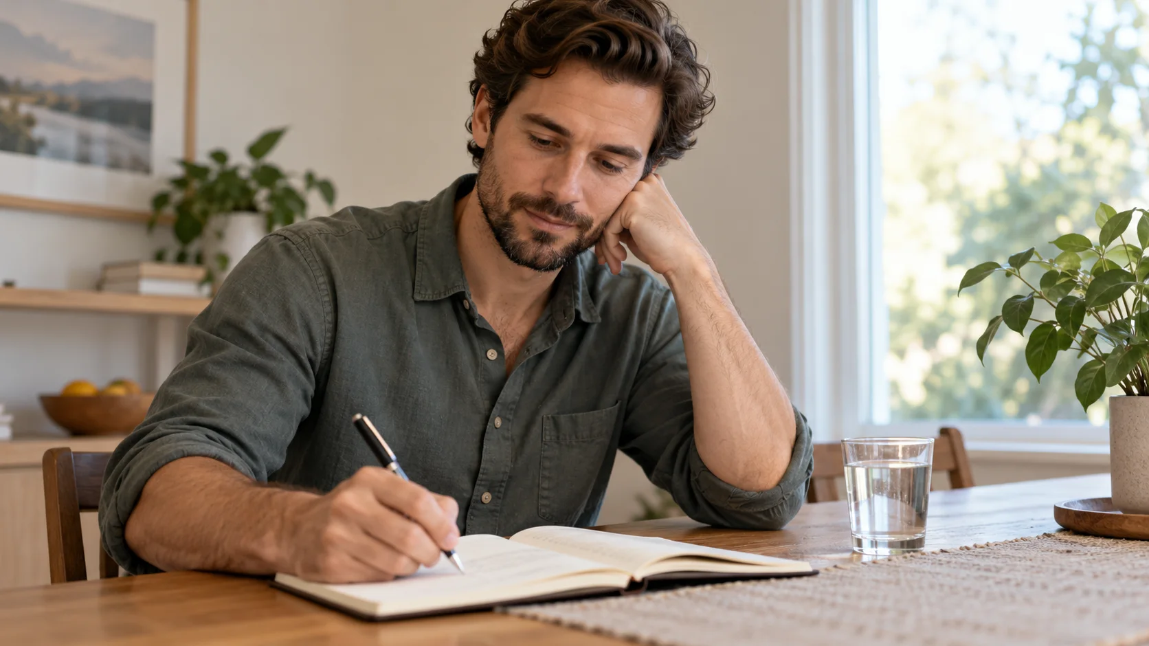 An adult reflecting while writing in a notebook at home