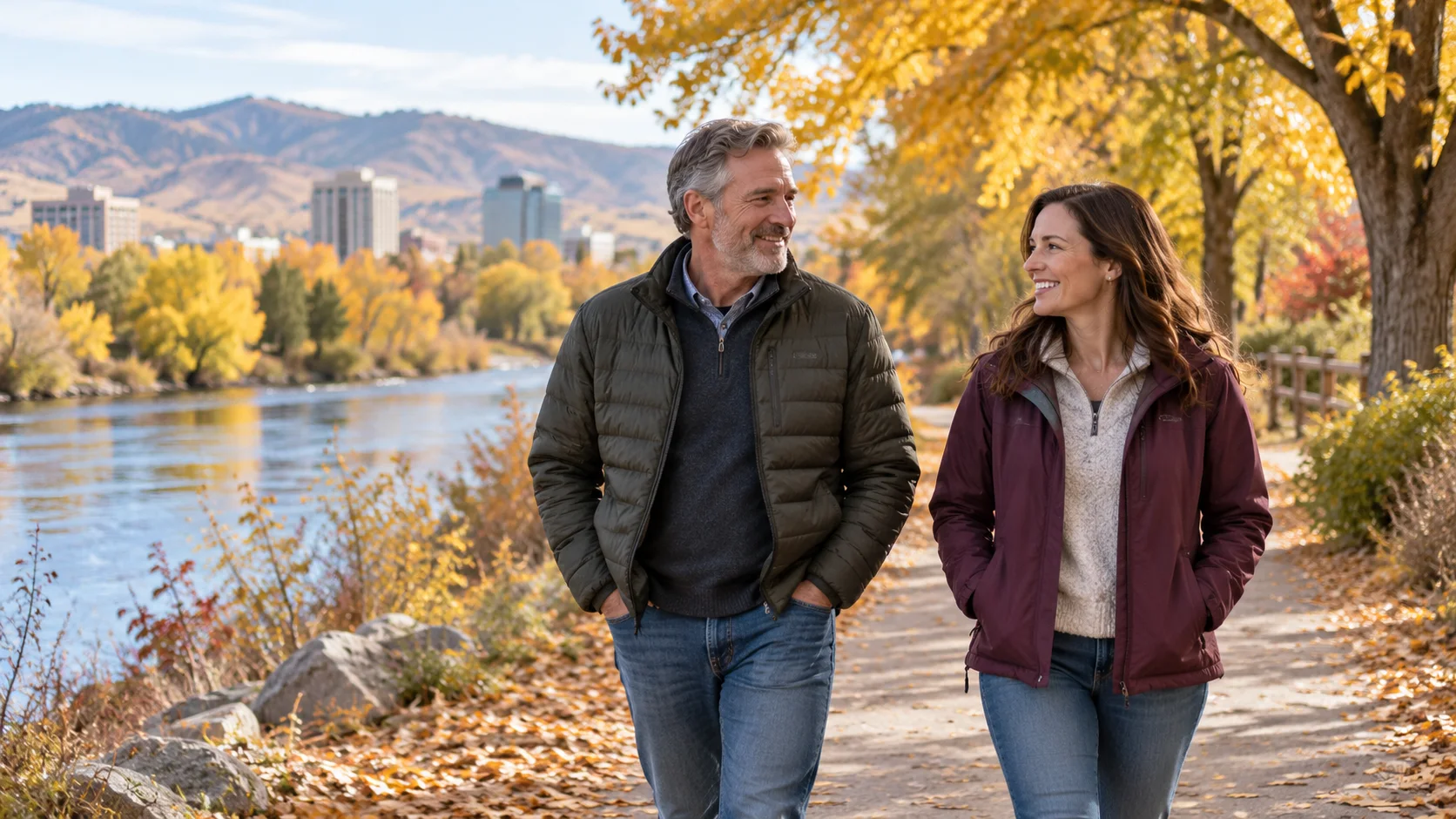 Two adults walking together along an autumn riverside path