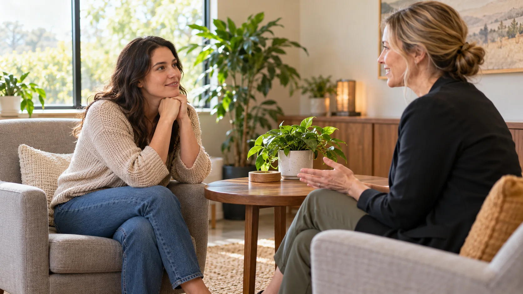Two adults having an introductory conversation in a welcoming office
