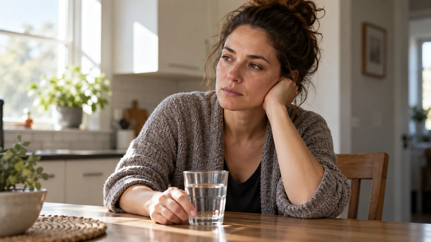 A thoughtful adult sitting at a kitchen table in morning light