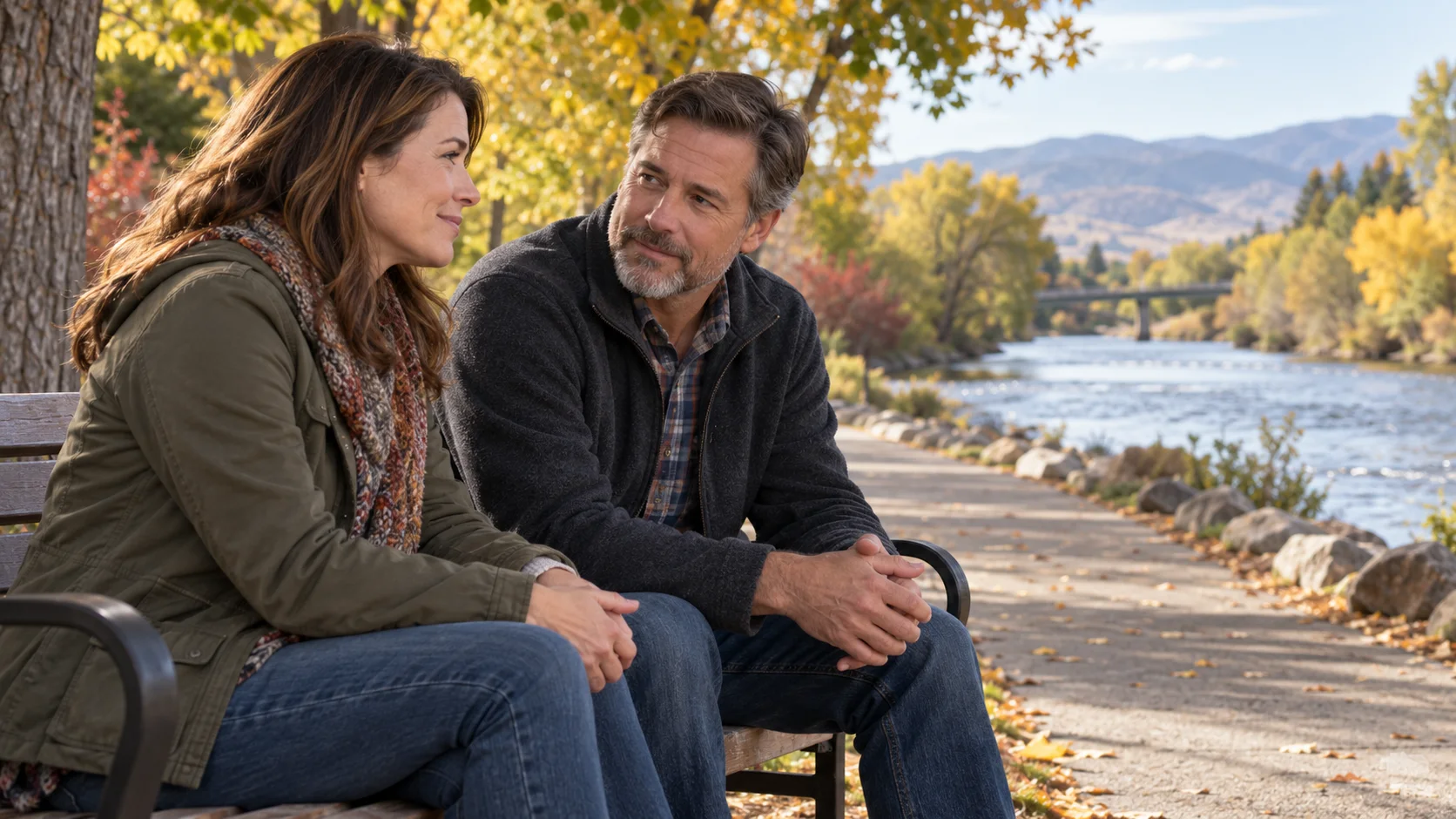 Two adults having a supportive conversation beside a tree-lined river