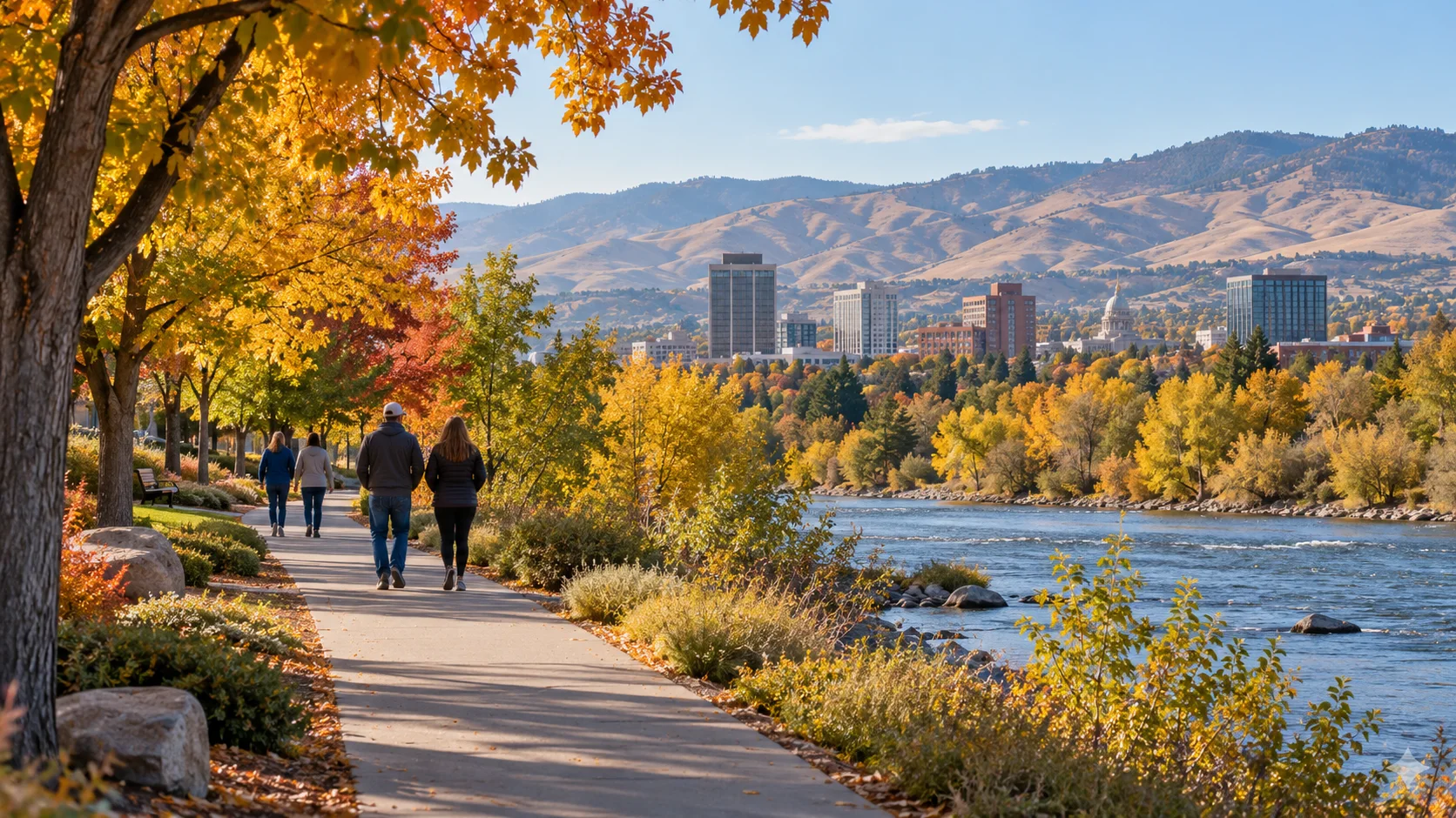 People walking along an autumn riverside path in a Boise-inspired landscape