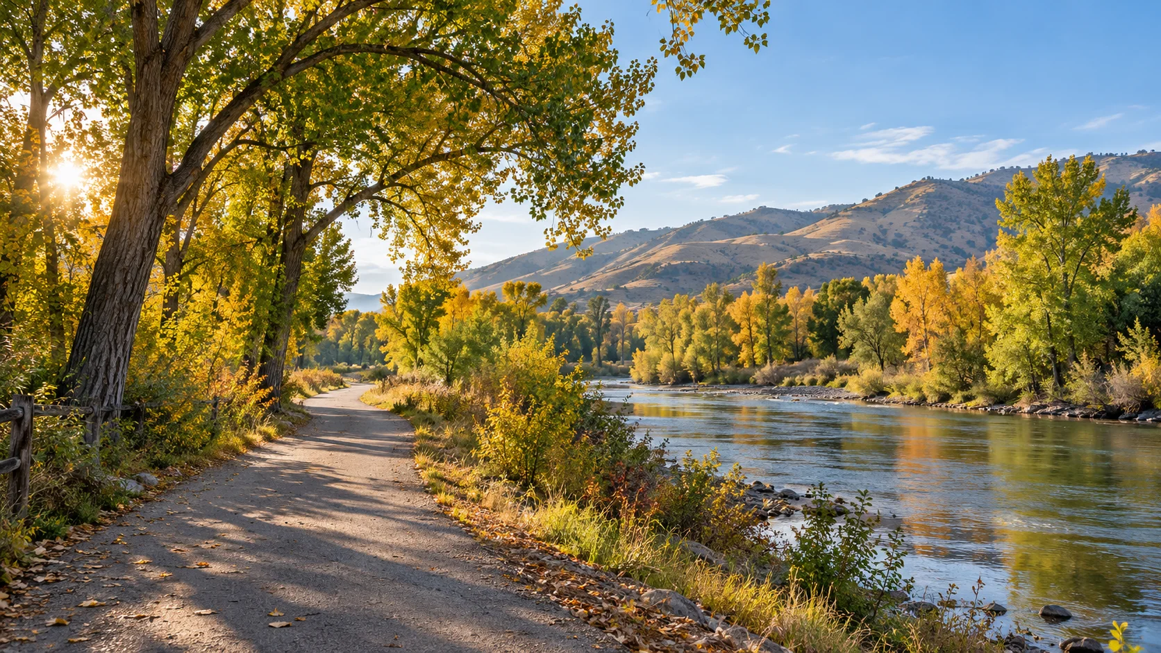 Autumn trees along a peaceful riverside path with foothills in the distance