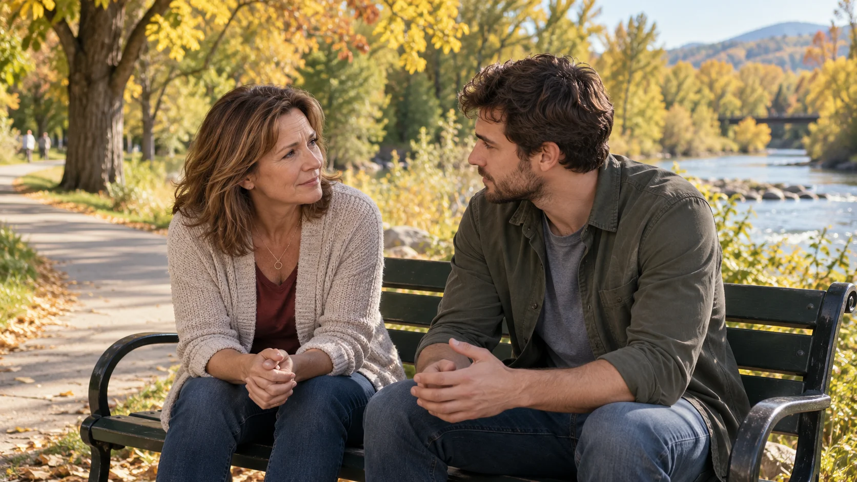 Two adults having a supportive conversation on a bench beside an autumn riverside path